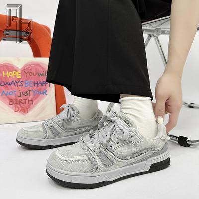 Серые джинсовые ретро женские туфли-хлебцы, нишевые спортивные и повседневные кеды для пар, модные и универсальные