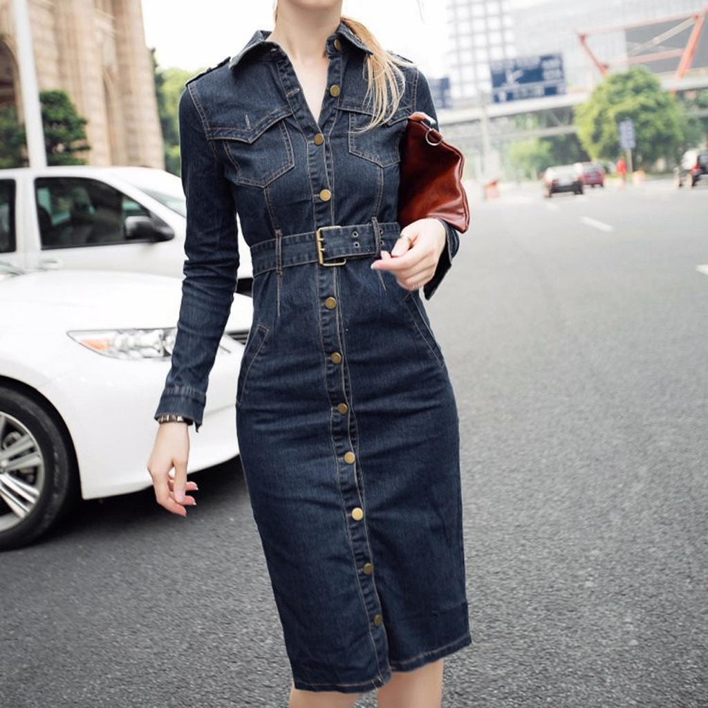 Women Winter Office Slim Jeans Mid-Cuff Dress With Belt For Women Jeans Dress