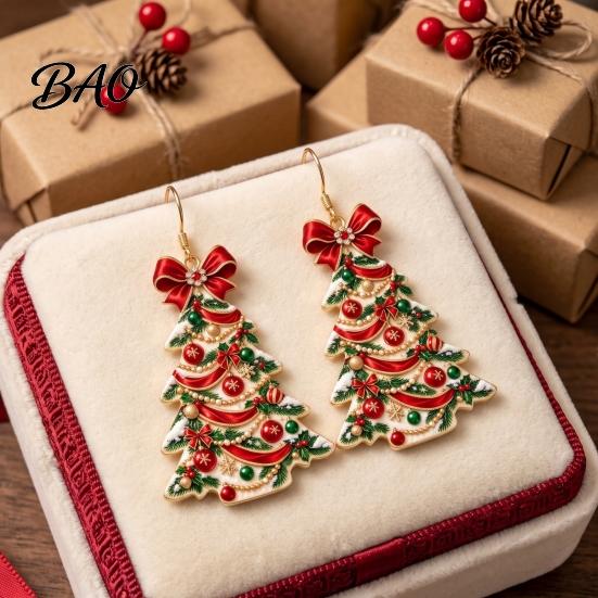 Fun Christmas Theme Earrings 2D Acrylic Earrings, Colorful Tree Dangle with Bow Decorative Holiday Decor, Lightweight Drop Jewelry, Decorations