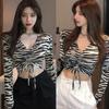 Женская тонкая сексуальная футболка с длинными рукавами в полоску зебры и пупком, топы