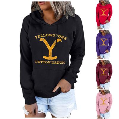 Женский свитер с капюшоном и воротником-стойкой с принтом YellowStone и длинными рукавами