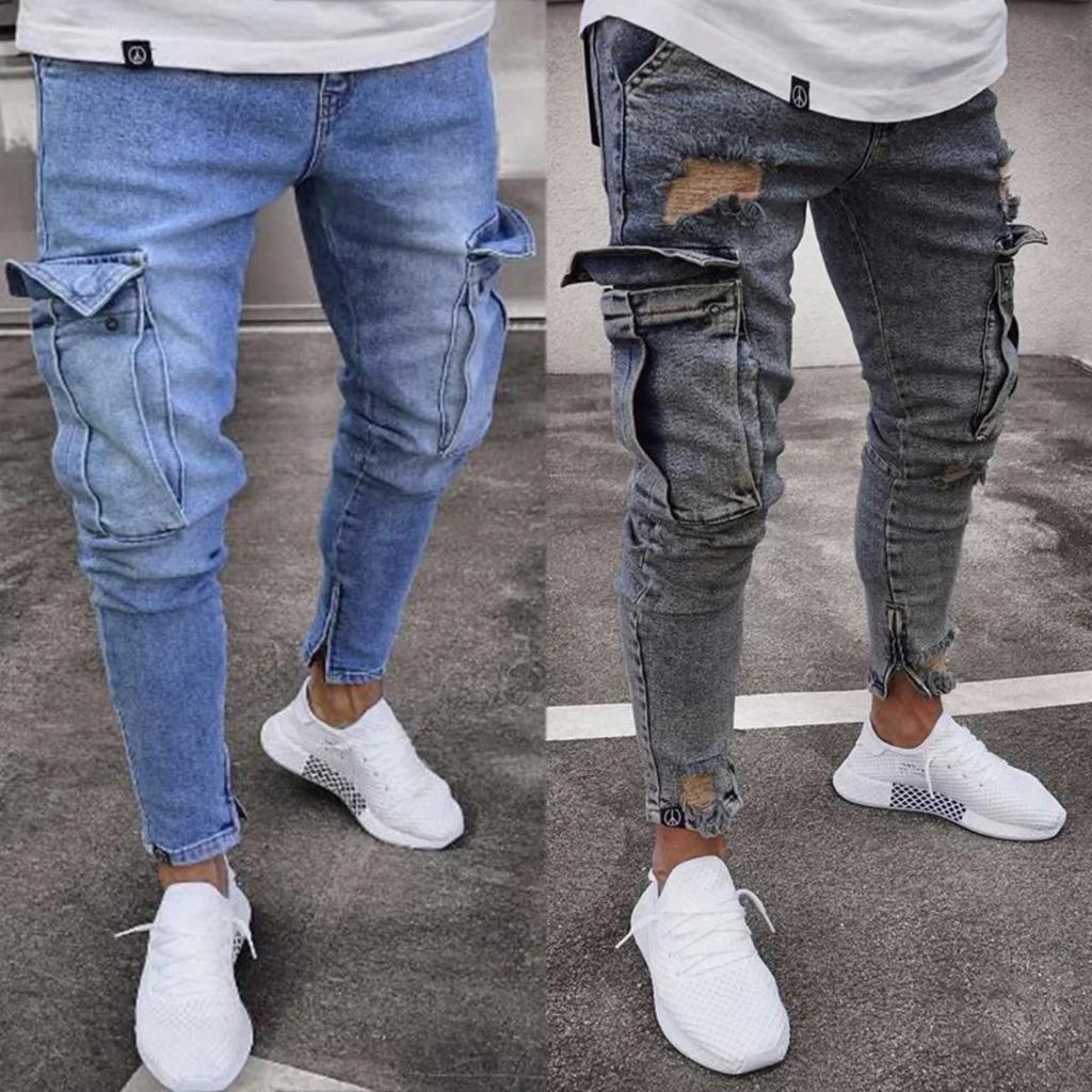 RogueWave Stretch Men's Jeans Fashion Knee Ripped Zipper Skinny Trousers Denim Pants High Waist Side Pockets