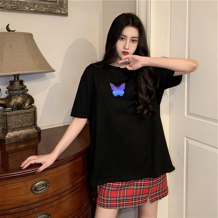 New Summer Internet Celebrity Couple Outfit Reflective Butterfly Short-sleeved T-shirt for Women Short Student Top