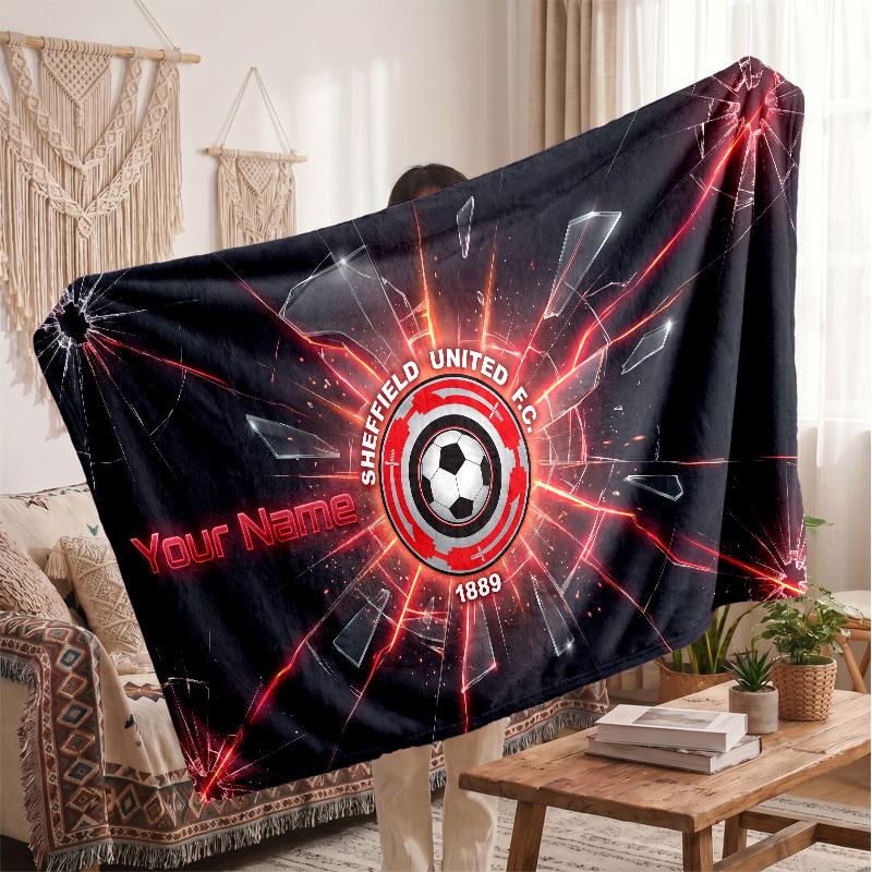 Sheffield United FC Personalized Fleece Blanket With Football Logo, Custom Name Text Soft Warm Home Throw Blanket