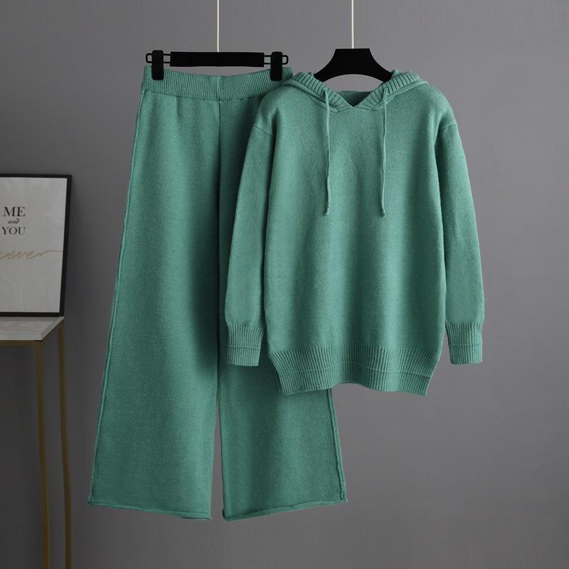 Fall Winter Hooded Sweater Knit Suit Solid Color Long Pants Two Piece Set
