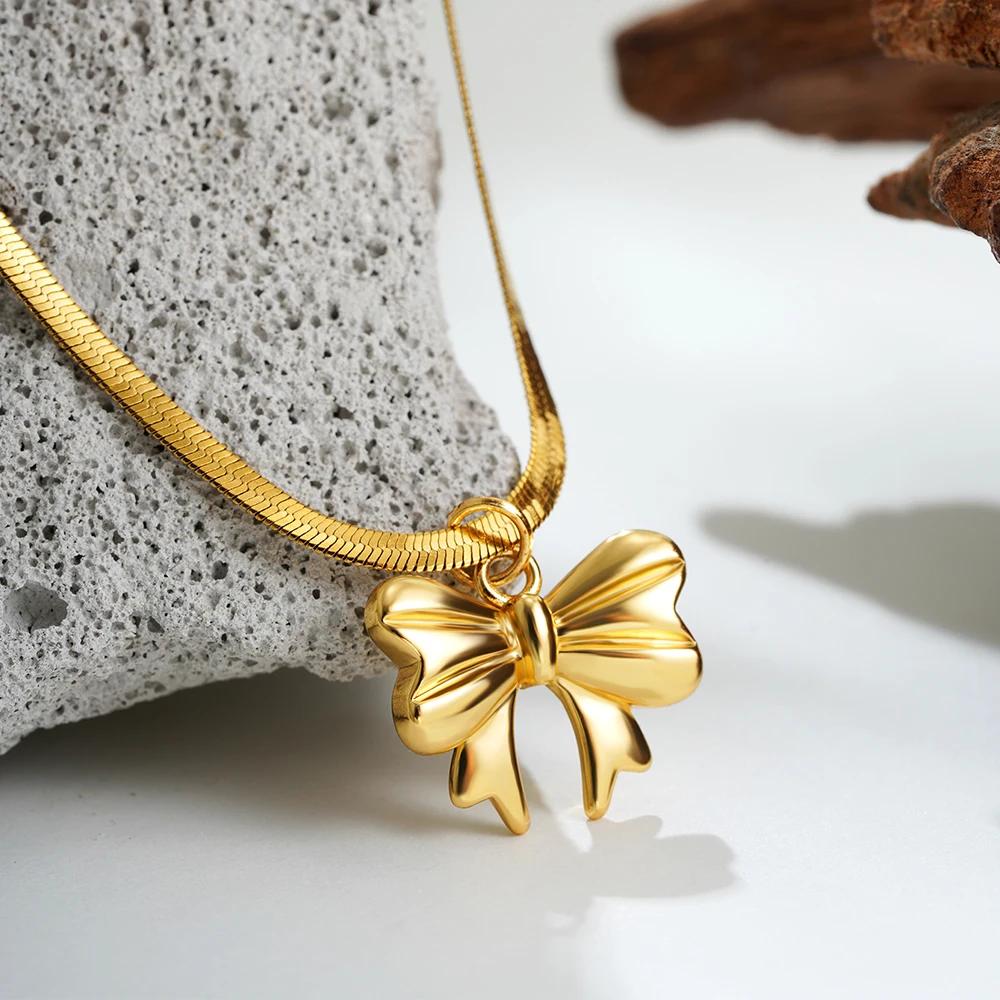 Dainty Bowknot Pendant Necklace for Women Stainless Steel 18k Gold Plated Falt Snake Chain Choker Bow Necklaces Vintage Zircon