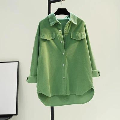 Авокадово-зеленая вельветовая рубашка средней длины, женская весенняя утолщенная куртка с двумя карманами, кардиган