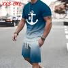 Летний мужской комплект с коротким рукавом, с принтом якоря, комплект с коротким рукавом, футболка с круглым вырезом, шорты, топы, размер XXS-6XL