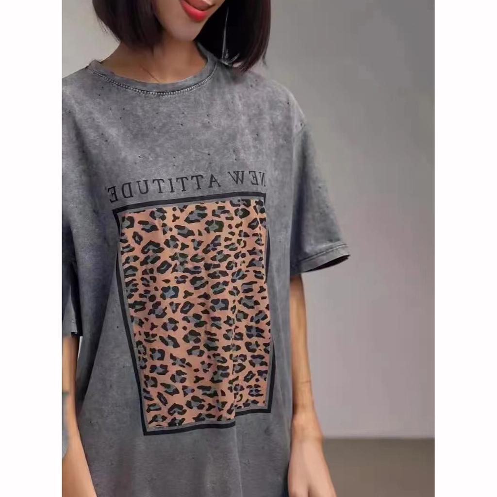 Футболка из хлопка стираная женская модная леопардовая с принтом свободная с круглым вырезом большого размера с коротким рукавом Y2k