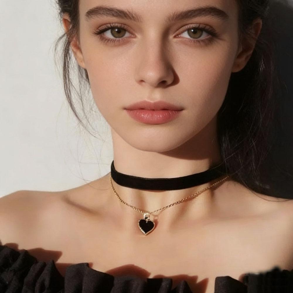 Fashion Korean Flannel Sexy Short Love Pendant Necklace for Women Black Two-layer Choker Party Jewelry Gift