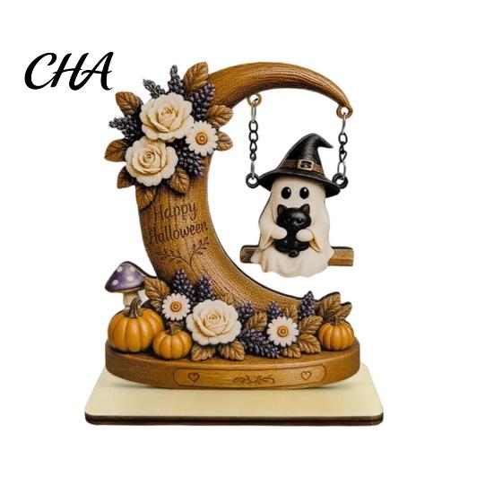 Desktop Halloween Decorations Moon Swing Ghost Figurine, Reading on with Floral Tiered Tray Decor Pumpkin Accents, Wooden Bookshelf for Desk
