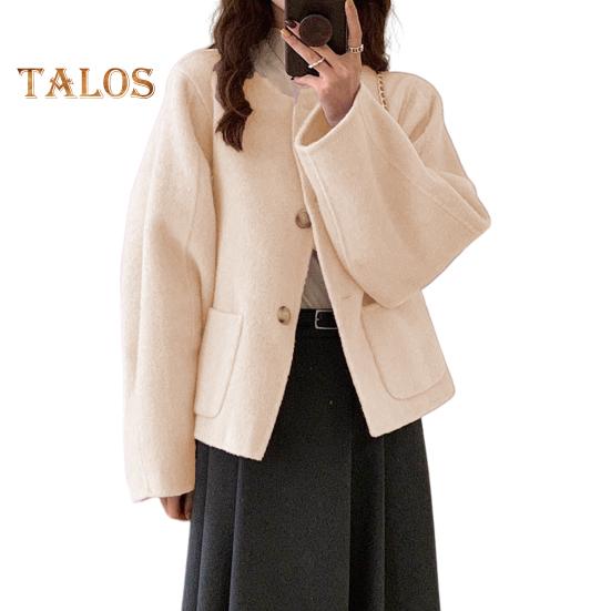 Осень-зима Женская куртка с круглым вырезом, однобортная, с боковыми карманами, свободная короткая шерстяная куртка для шопинга, поездок на работу, повседневное пальто