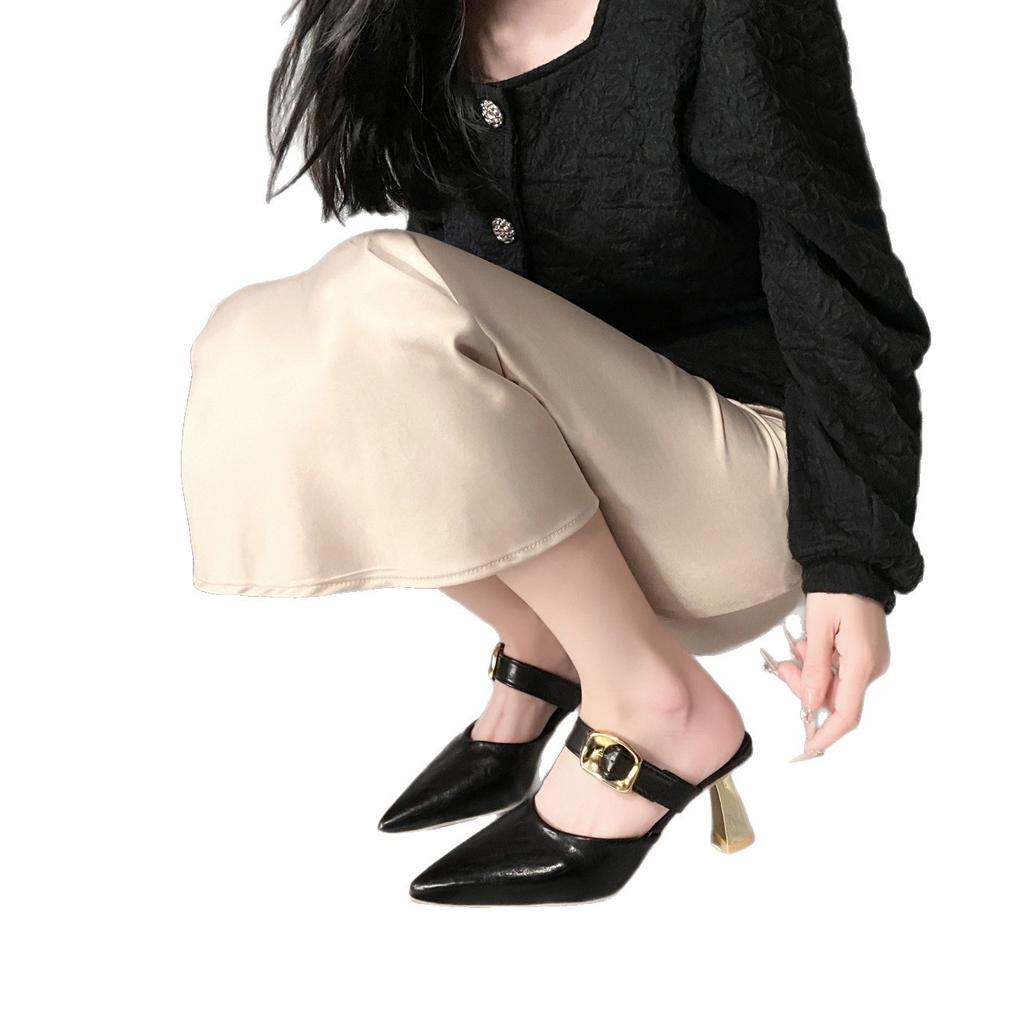 2025 Summer New Temperament Pointed Versatile Metal Buckle Thick Heel Versatile Simple Mature Bag Head High Heel Slippers