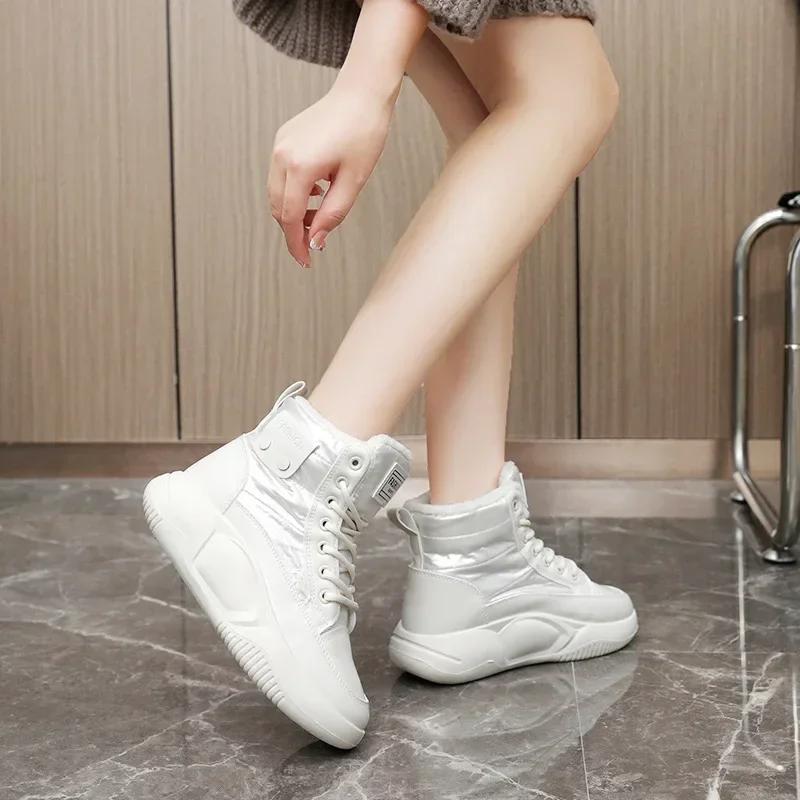 Fashion Round Toe Chunky Shoes for Women Lace-up Platform with Laces White Womens Snow Boots High Boot Female Trend 2024 Hot Pu Work Y2k