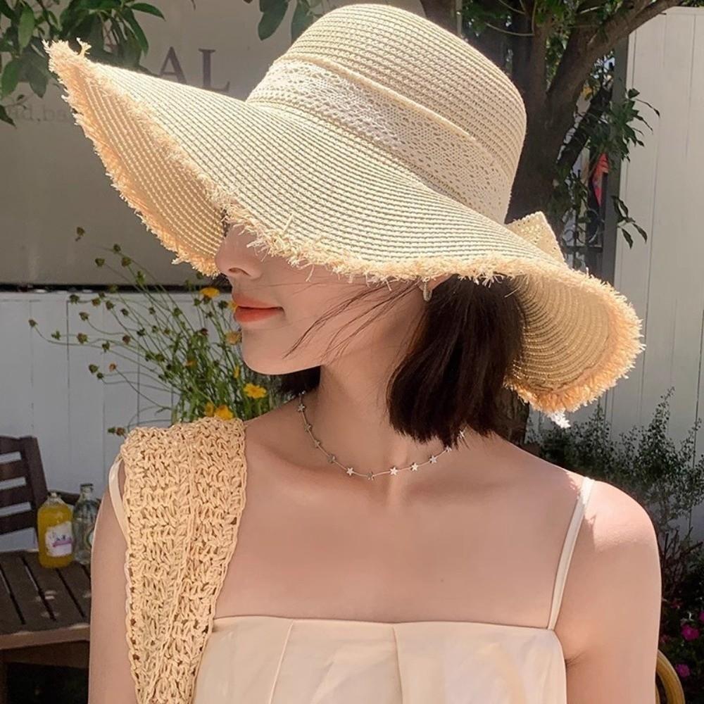 Gifts Lace Outdoor Sun Hat Bow Frills Lace Straw Cap Stylish Elegant French-style Beach Hat