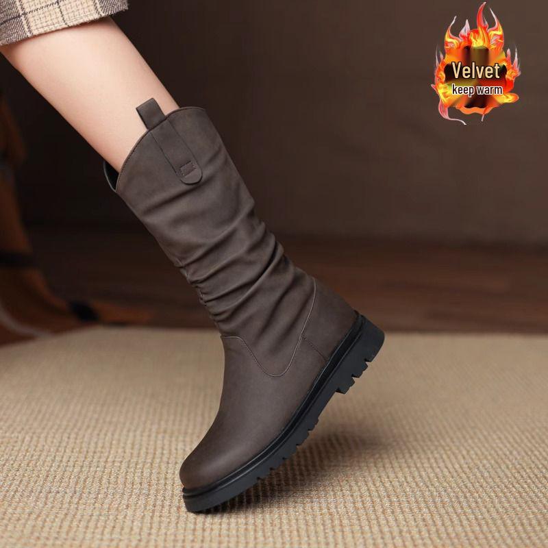 Женские мартинсы до середины икры на плоском каблуке 2025 - Новый весенне-осенний стиль с бархатной подкладкой, идеально подходят к юбкам