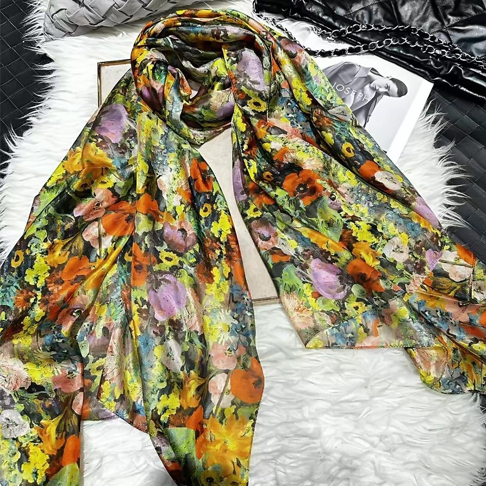 Белый 100% Шелковый Шарф Женские Шарфы Bufandas Летние Пляжные Шали Foulard Осень Зима Цветочный Дизайн Длинные Шарфы на Шею Хиджабы