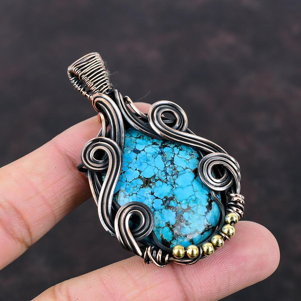 Тибетская бирюза кулон Кулон, обернутый медной проволокой Кулон ручной работы Красивые украшения из медной проволоки Подарок для нее Украшения с бирюзой