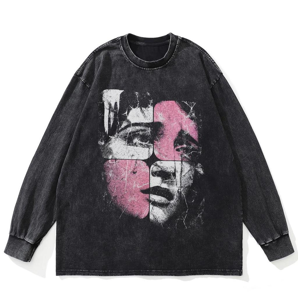 Футболка Streetwear Puzzle Graphic Washed Black, хлопковая, унисекс, большие размеры, длинные рукава, футболка