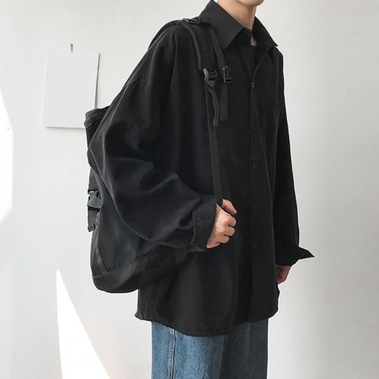 Мужская рубашка с лацканами, длинный рукав, однобортная рубашка, однотонный цвет, накладной карман, повседневная рубашка, свободный крой, удобная куртка