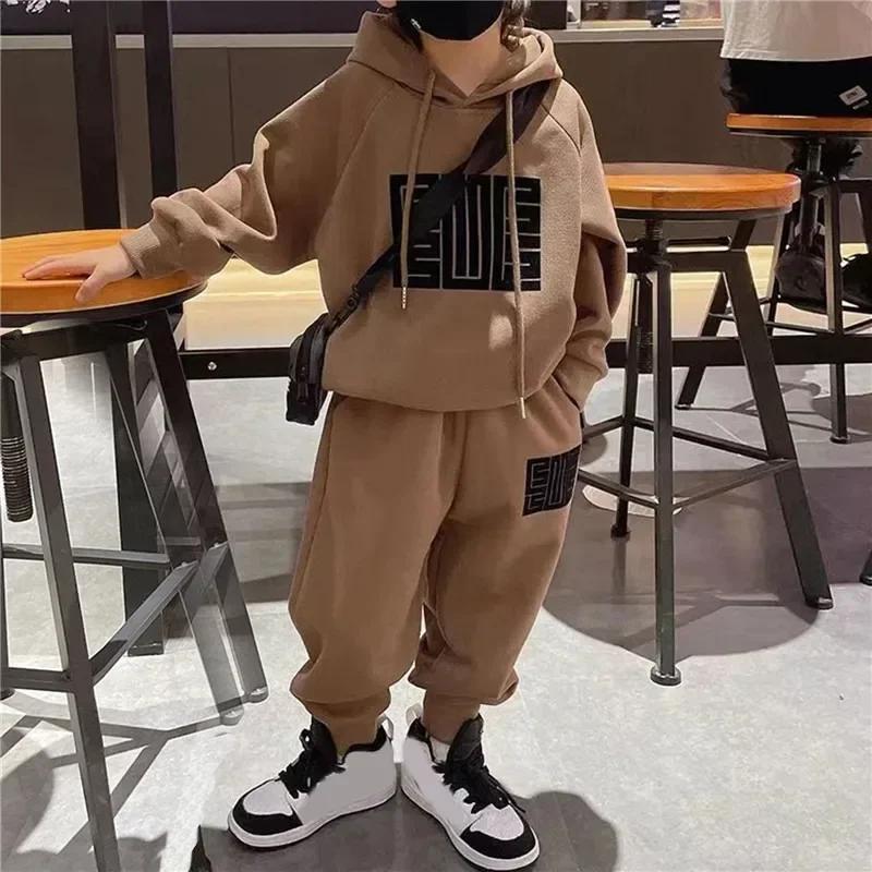 Autumn and Winter Boys Cotton Sweatshirts Sports Casual Clothes Suit Children Plus Velvet Warm Pullover Tops and Pants Two-piece Set