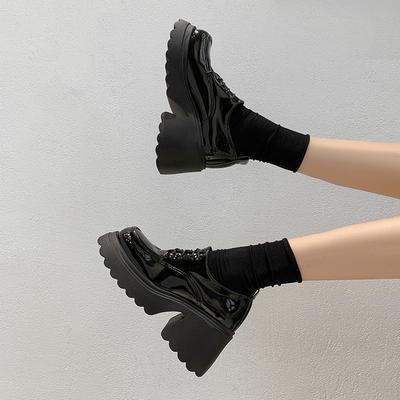 Черные толстые туфли на высоком каблуке в британском стиле, маленькие кожаные туфли женские новые осенне-зимние с круглым носком на толстой подошве Мэри Джейн