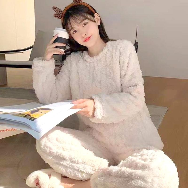 Женские терможаккардовые длинные брюки, однотонные пижамные комплекты из кораллового флиса, пуловер, повседневная одежда для сна