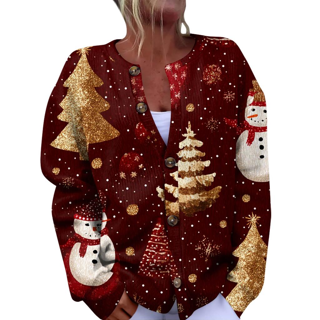 Women's Fashion Christmas Printed Long Sleeve Knitted Cardigan Button Down Jacket