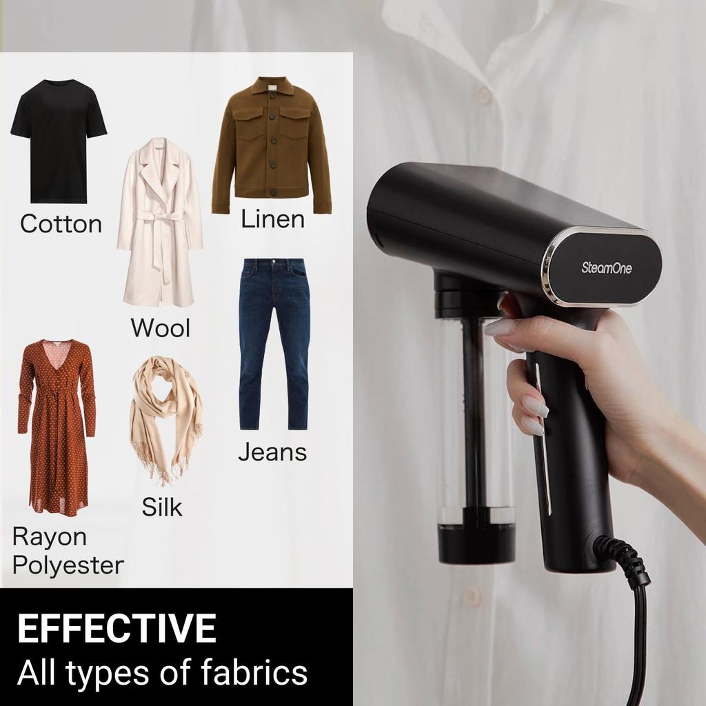 Отпариватель для одежды SteamOne NS1750B, черный, 18 г в 30, можно использовать непрерывно с пластиковой бутылкой S-Nomad, легкий/мощный пар/запускается