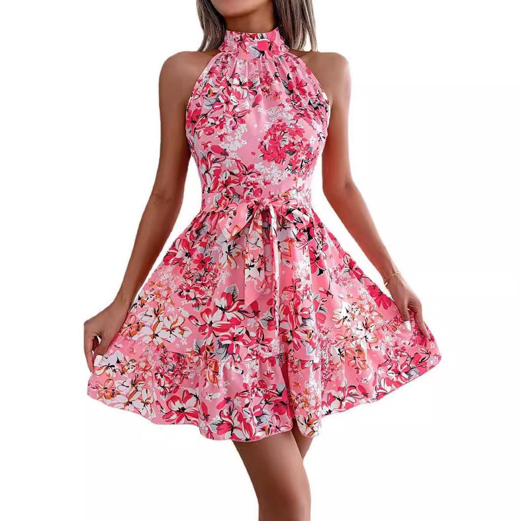 Весна-лето женское короткое платье трапециевидной формы без рукавов с лямкой на шее и лямкой на шнуровке с цветочным принтом