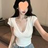Сексуальный укороченный топ с V-образным вырезом и кружевом для женщин, лето 2025 - Облегающий, с коротким рукавом