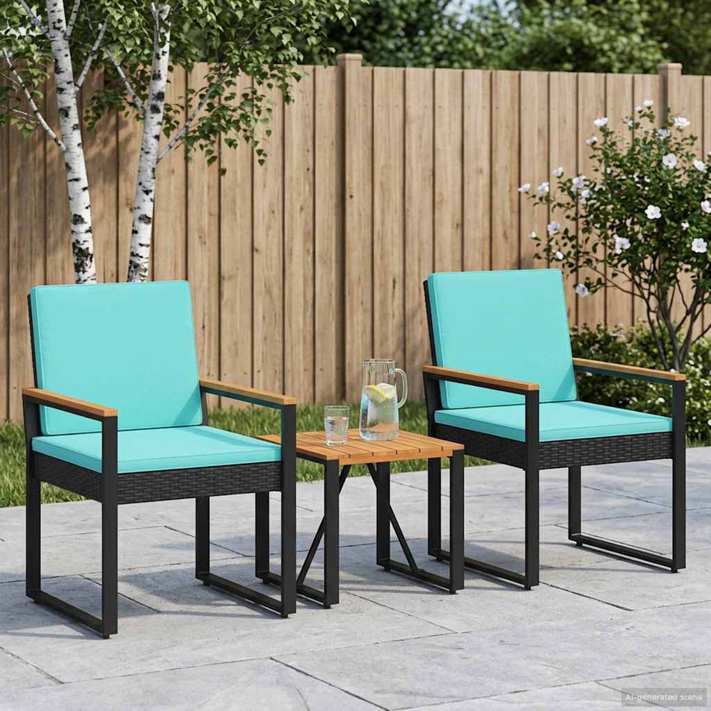 Garden Furniture Set with Cushions 3 pcs Black and Turquoise Poly Rattan