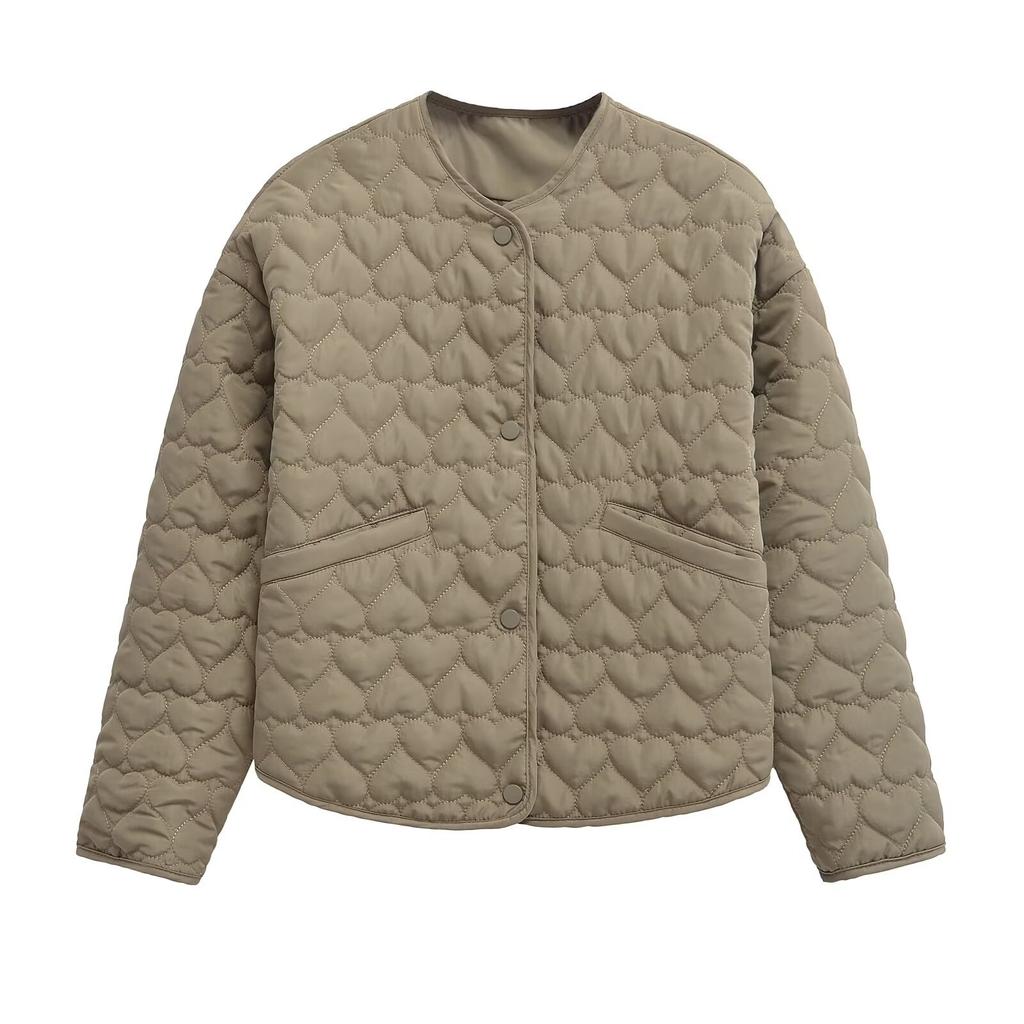 Осенне-зимняя женская стеганая хлопковая куртка в форме сердца, женская с круглым вырезом, длинным рукавом, карманом, универсальное женское пальто