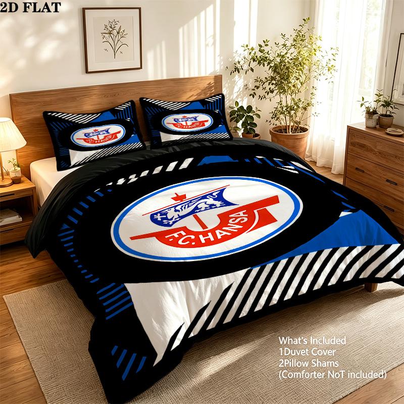 Fc Hansa Rostock Pattern Bedding Quilt Set Quilt Cover Pillowcase Home Birthday Gift(1 * duvet cover + 2 * pillowcase, without core)