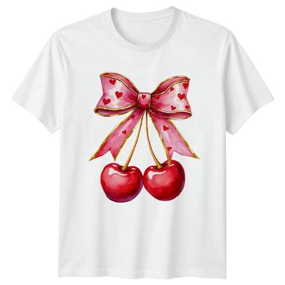 Red Cherry Heart Bow Valentines Day Holiday Mens Womens Graphic Tee