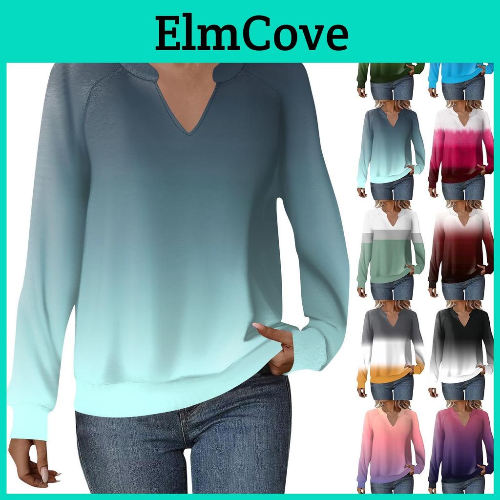 Long Womens Vneck Casual Sleeve Sweatshirt Gradient Printed Loose Pullover Top