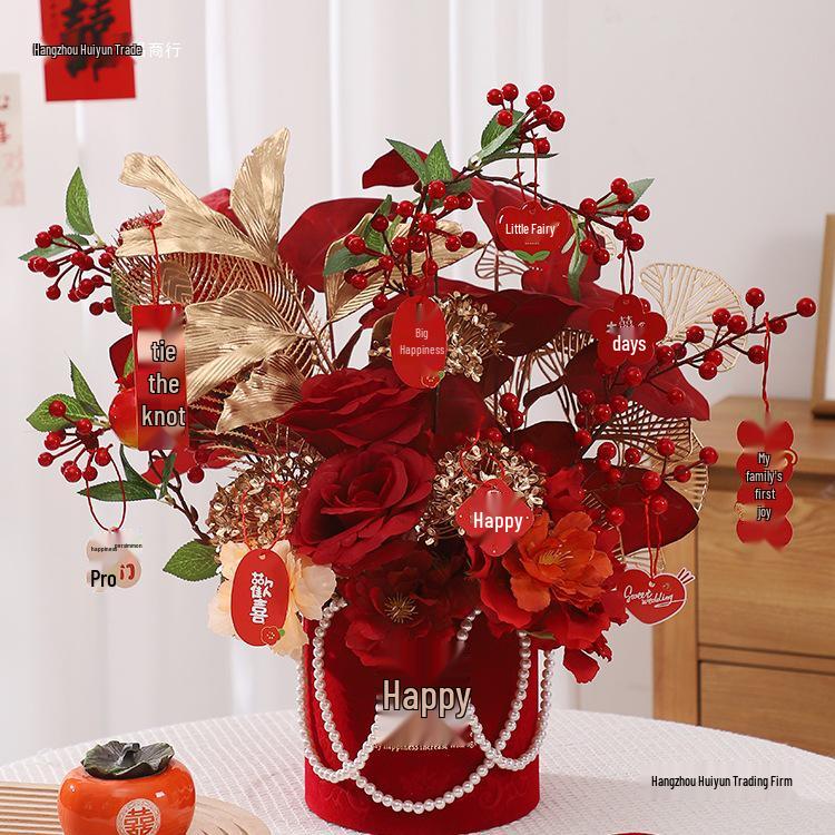 Engagement & Wedding Ornaments: Room Decor Bouquet & Double Happiness Bucket Set for Newlyweds - Ideal for Master Bedroom & Living Room.