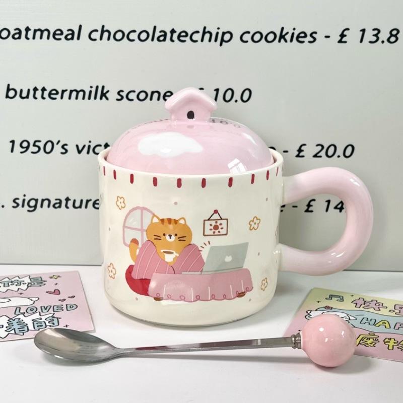 Милая мультяшная керамическая кружка с крышкой для пары, для мальчика и девочки, офисная кружка для питья, подарок на день рождения