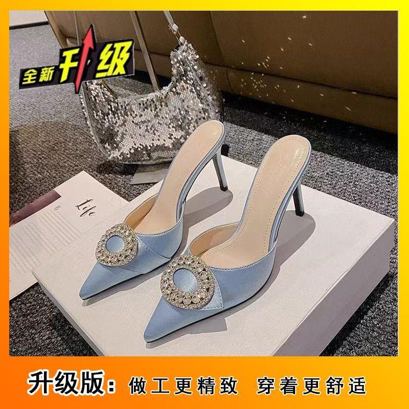 Fine Heel Rhinestone High Heels 2025 New Summer Pointed Head Light Mouth Champagne Bag Head Shoes Femininity Elegant Cool Slippers