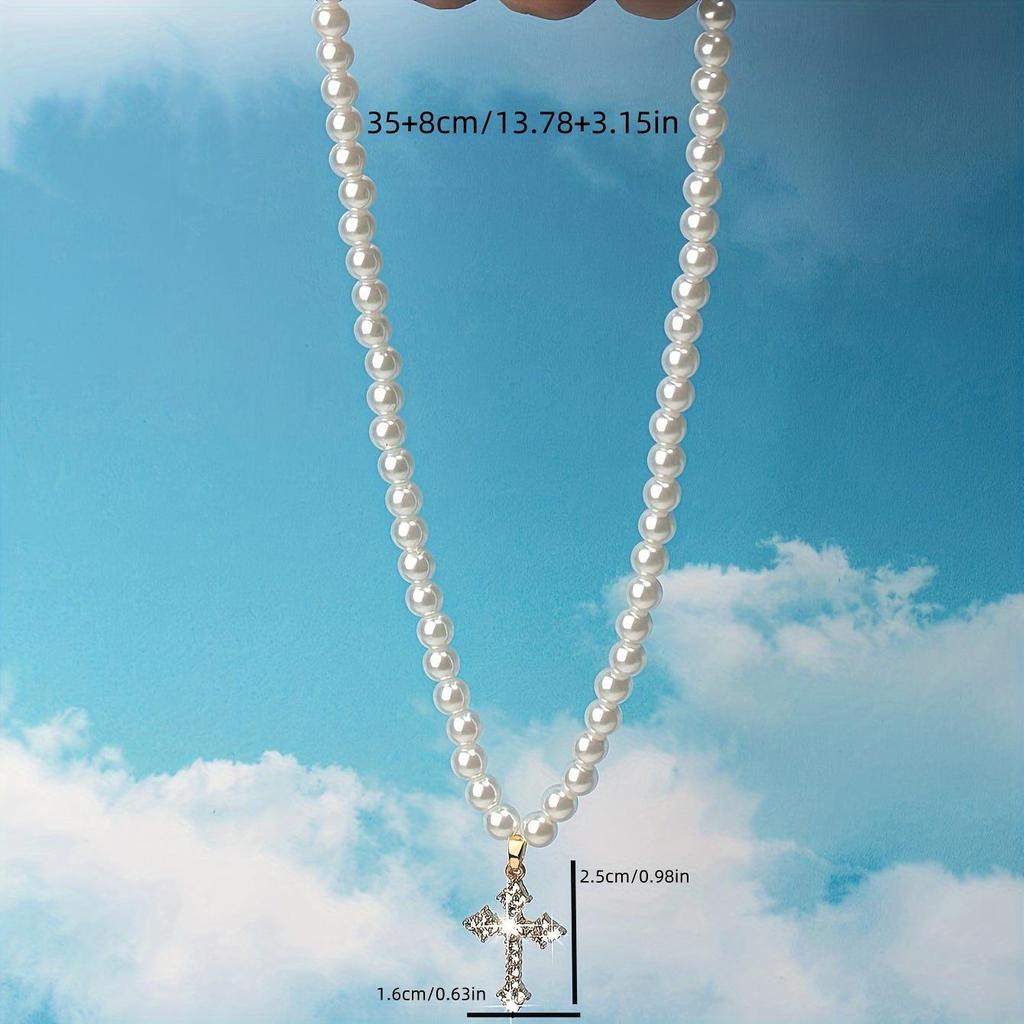 Модное европейско-американское ожерелье-чокер с подвеской в виде креста из стразов и жемчуга