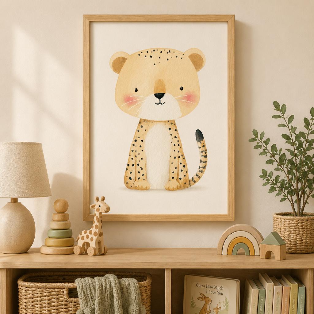 Nursery Wall Art, Cute Baby Cheetah Canvas Painting, Minimalist Animal Poster Print for Kids Boy Girl Bedroom Decor