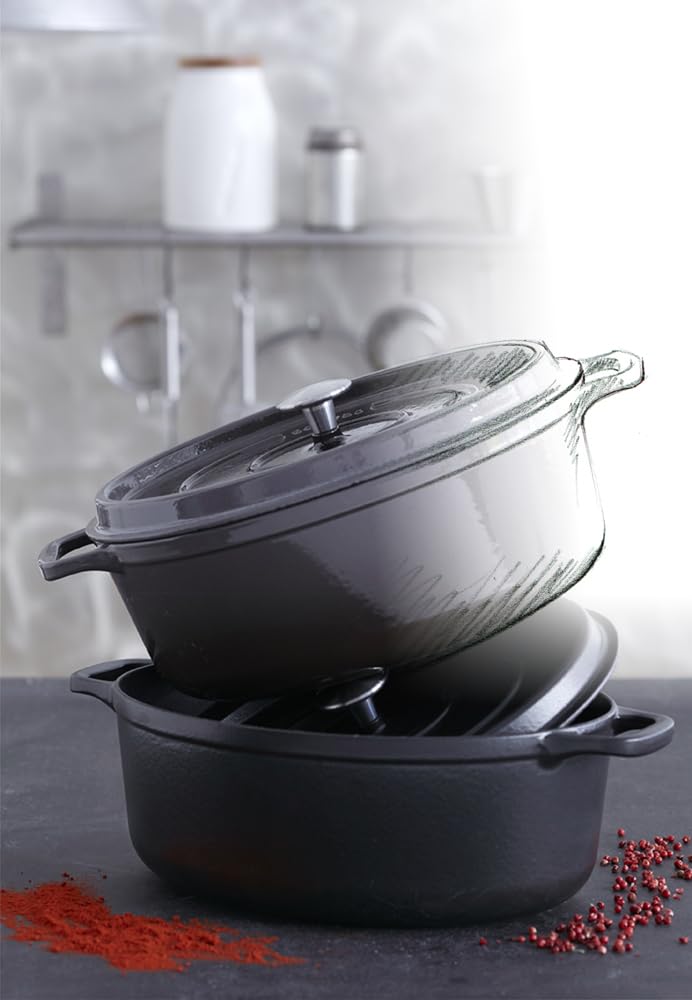 Invicta 27cm Cast Iron Enamel Induction Made In PUV403277 Casserole, Compatible, Oval, France, Taupe,