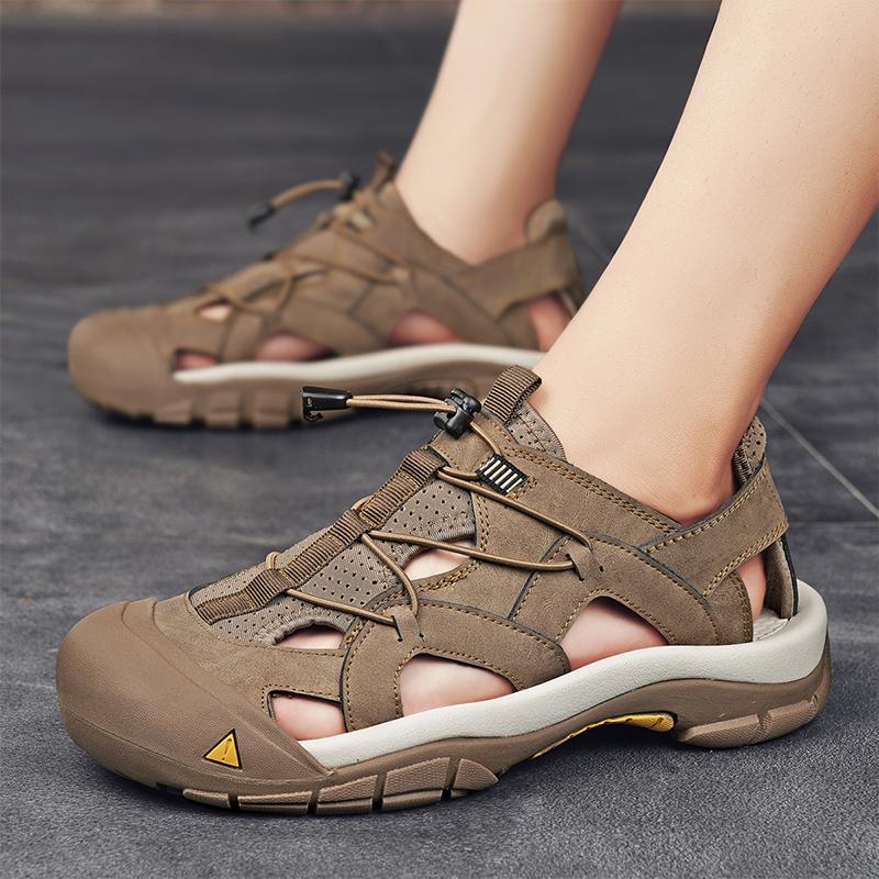 Fashion Mens Sandals Top Cowhide Upper Hollow Out Round Toe Outdoor Beach Walking Non Slip Durable Summer Beach Shoes Adjustable Buckle