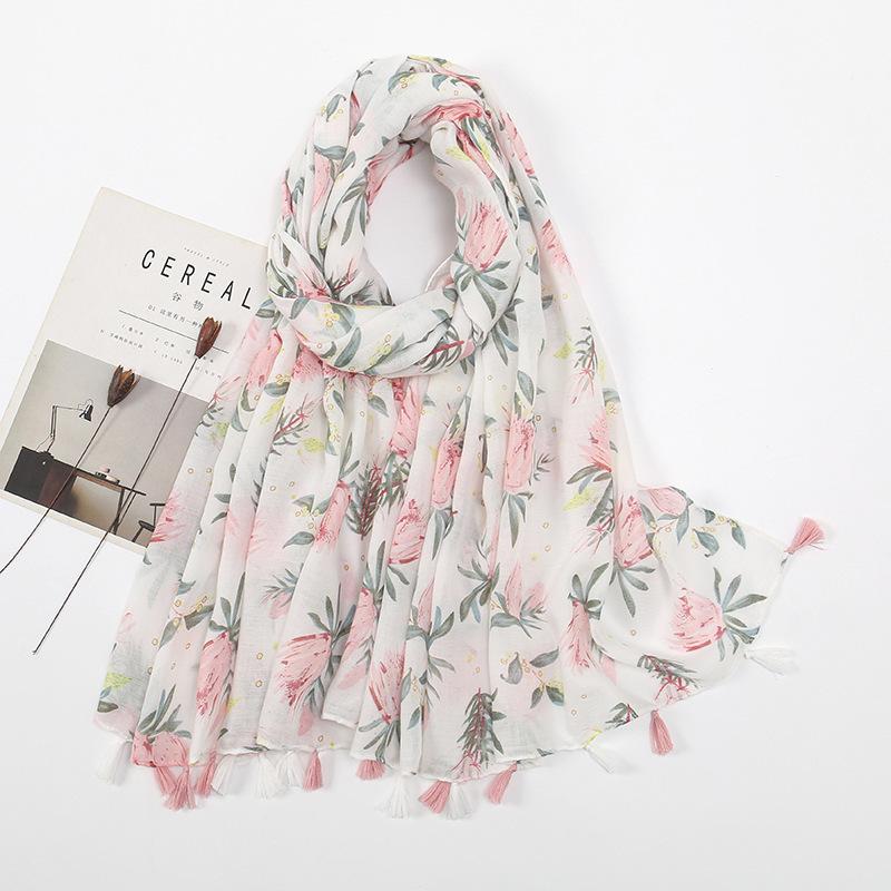 Fresh Printed Cotton and Linen Feel Tassel Scarf Shawl for Summer Ladies Long Scarf Travel Beautiful Long Silk Scarf