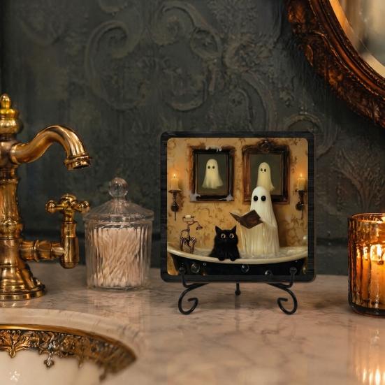Spooky Bathroom Sink Ornament Halloween Wooden Sign with Metal Stand, Ghost Table Festive Counter Decor Centerpiece for Home Office Tabletop