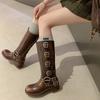 Brown Blet Buckles Mid Calf Boots New Design Round Toe Chunky Heel Knight Boots Women Shoes 2024 Fashion Zapatos Para Mujere
