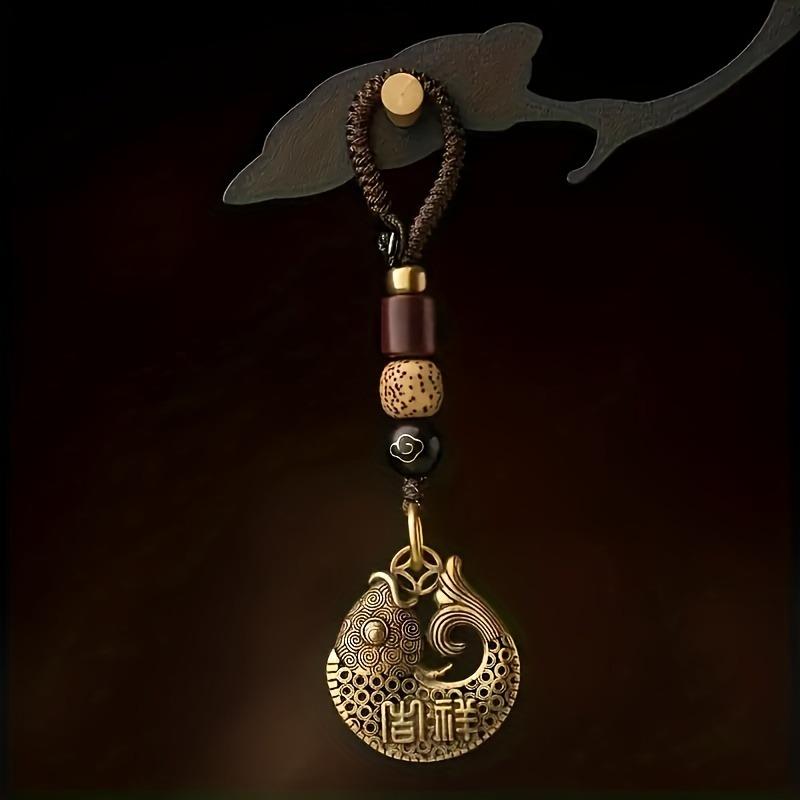 1pc Hand-braided Rope Pure Brass Metal Auspicious Goldfish Retro Pendant Car Keychain Hollow Design Pendant Creative Gift For Men