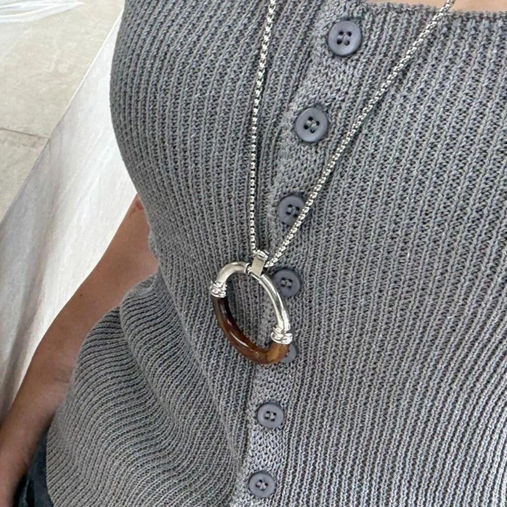 Stainless Steel Chain Amber Splicing Necklace Circle Pendant Sweater Chain Gift