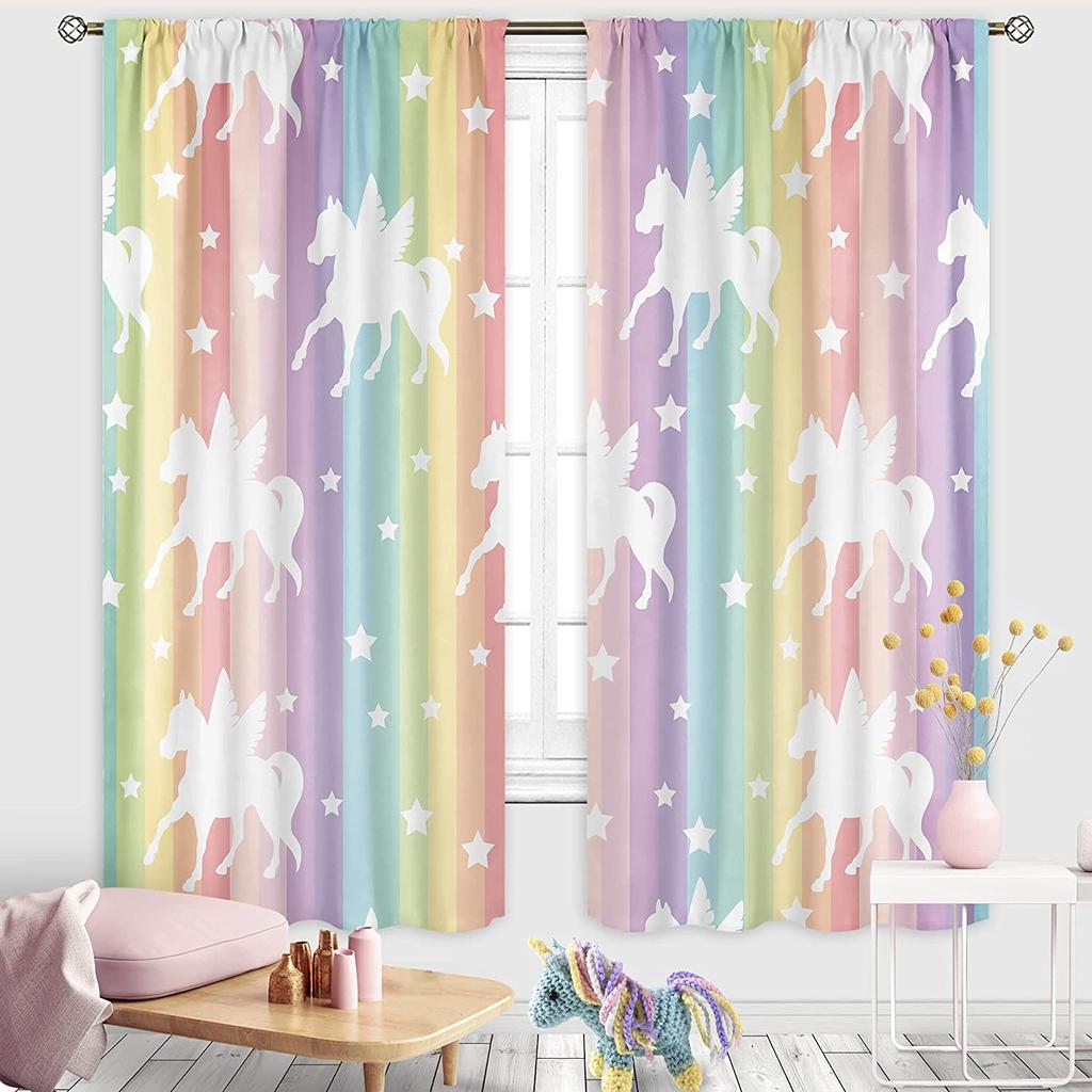 Unicorn Curtains Rainbow Bedroom Girls Decor Boys Dinosaur Curtain Colorful Cartoon Dino For Kids Safari Wildlife Window Drapes