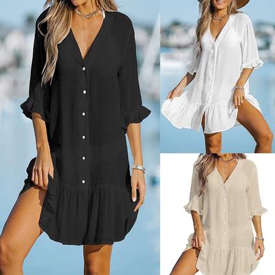 Простое свободное повседневное платье с V-образным вырезом и длинными рукавами